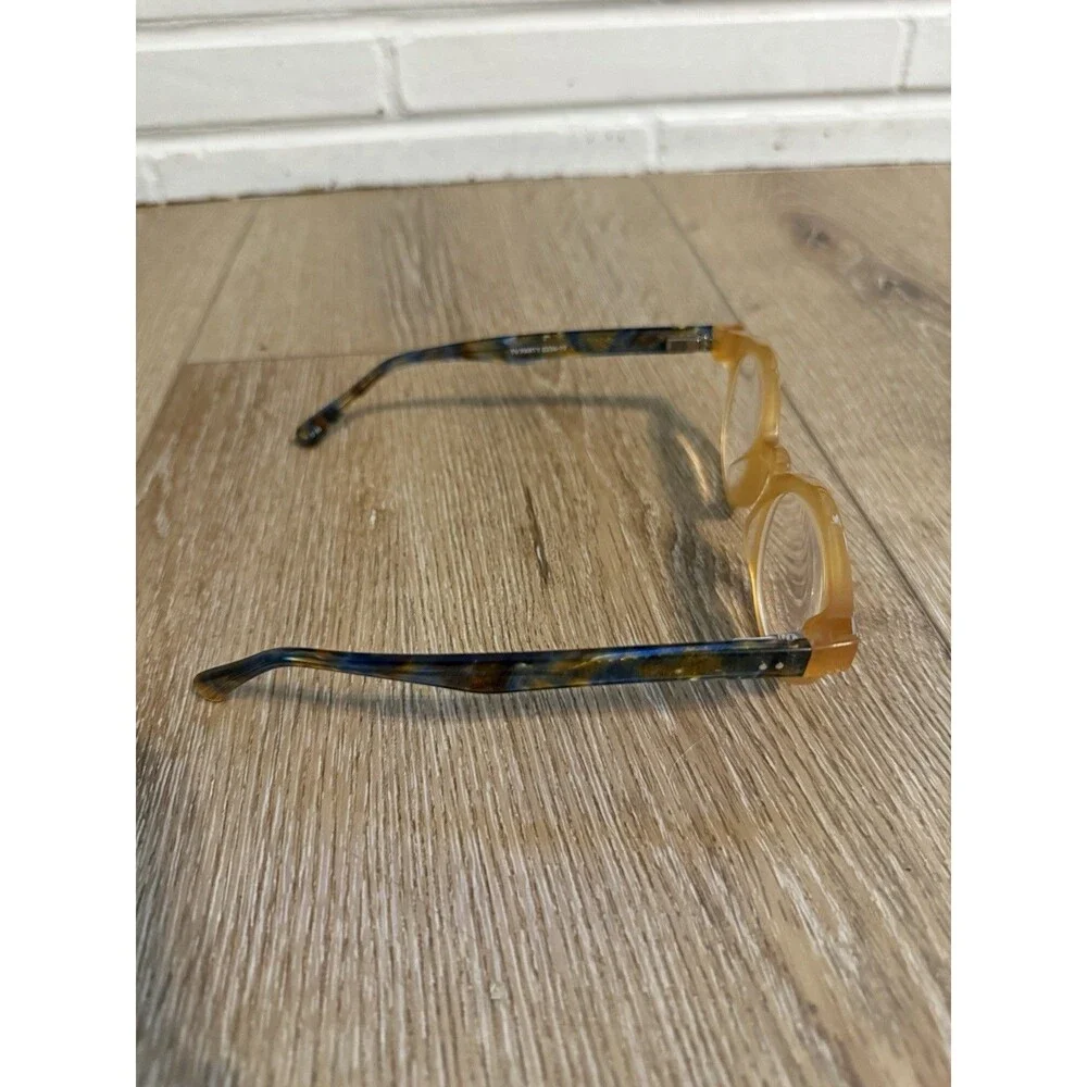 Eyebobs glasses frame TV Party Amber with blue & yellow camo pattern arms